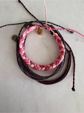 Pura Vida Pink & Black Braided Cord Bracelet Adjustable Tie Closure Set 3 pack